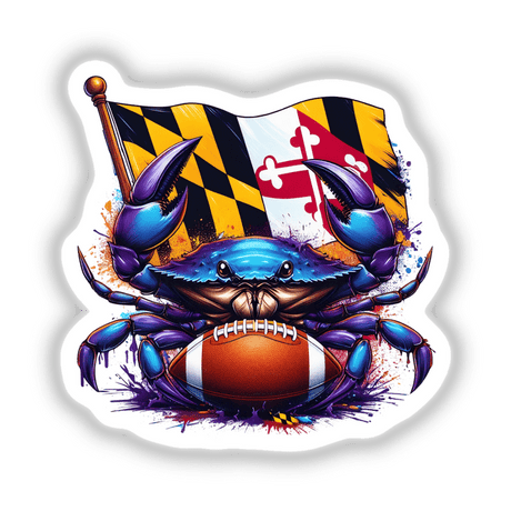 Protect This House Purple Football Maryland Crab illustration showcases a cartoon crab holding a football and flag, available as unique stickers or digital artwork from Decal Venue.