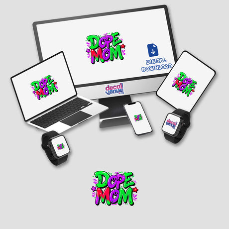 Dope Mom design displayed on a computer monitor and laptop, with a black smartwatch. Available as stickers or digital artwork from Decal Venue.
