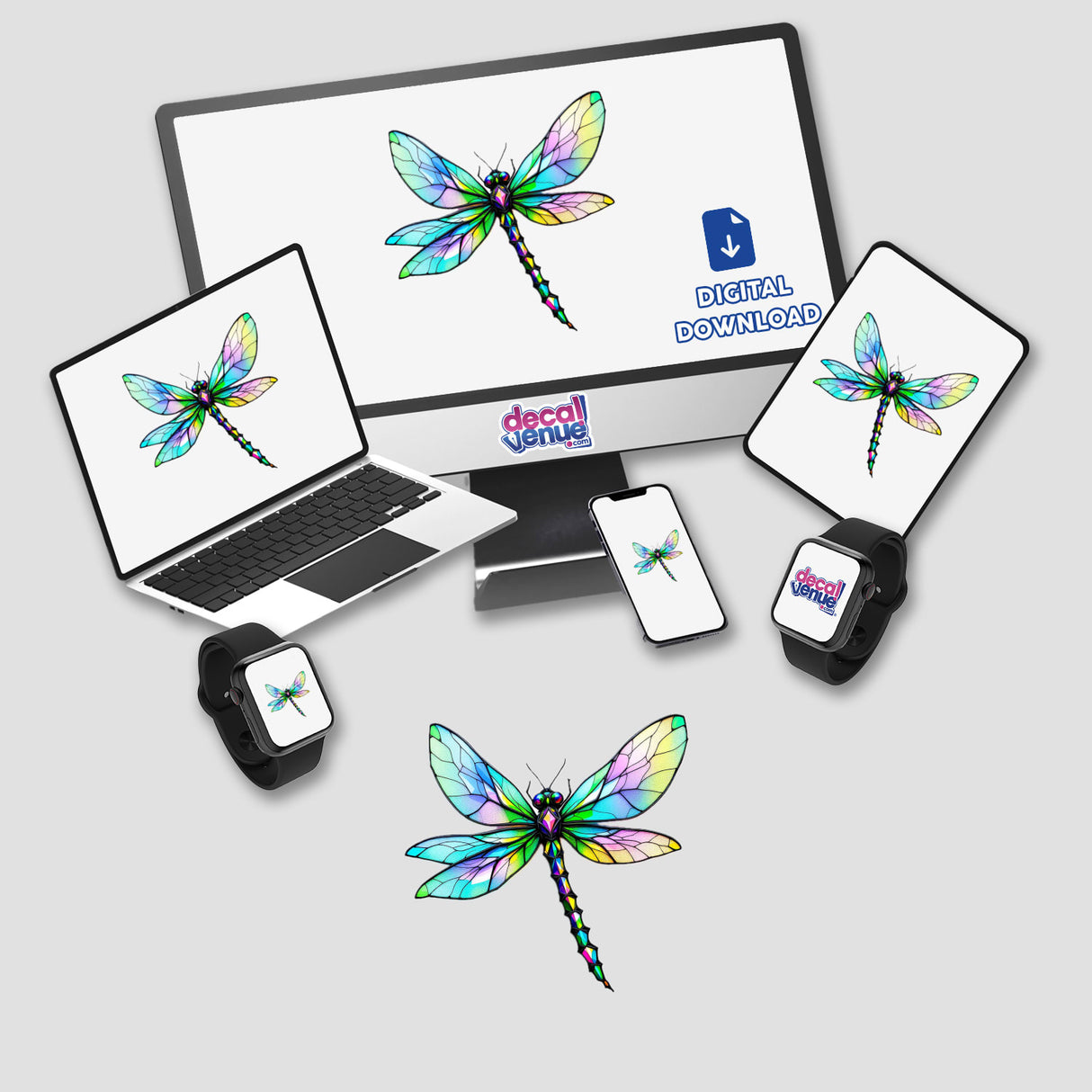 Dragonfly Stained Glass Style artwork displayed on a laptop and phone screens, available as stickers or digital artwork, reflecting Decal Venue's unique offerings of distinctive designs.