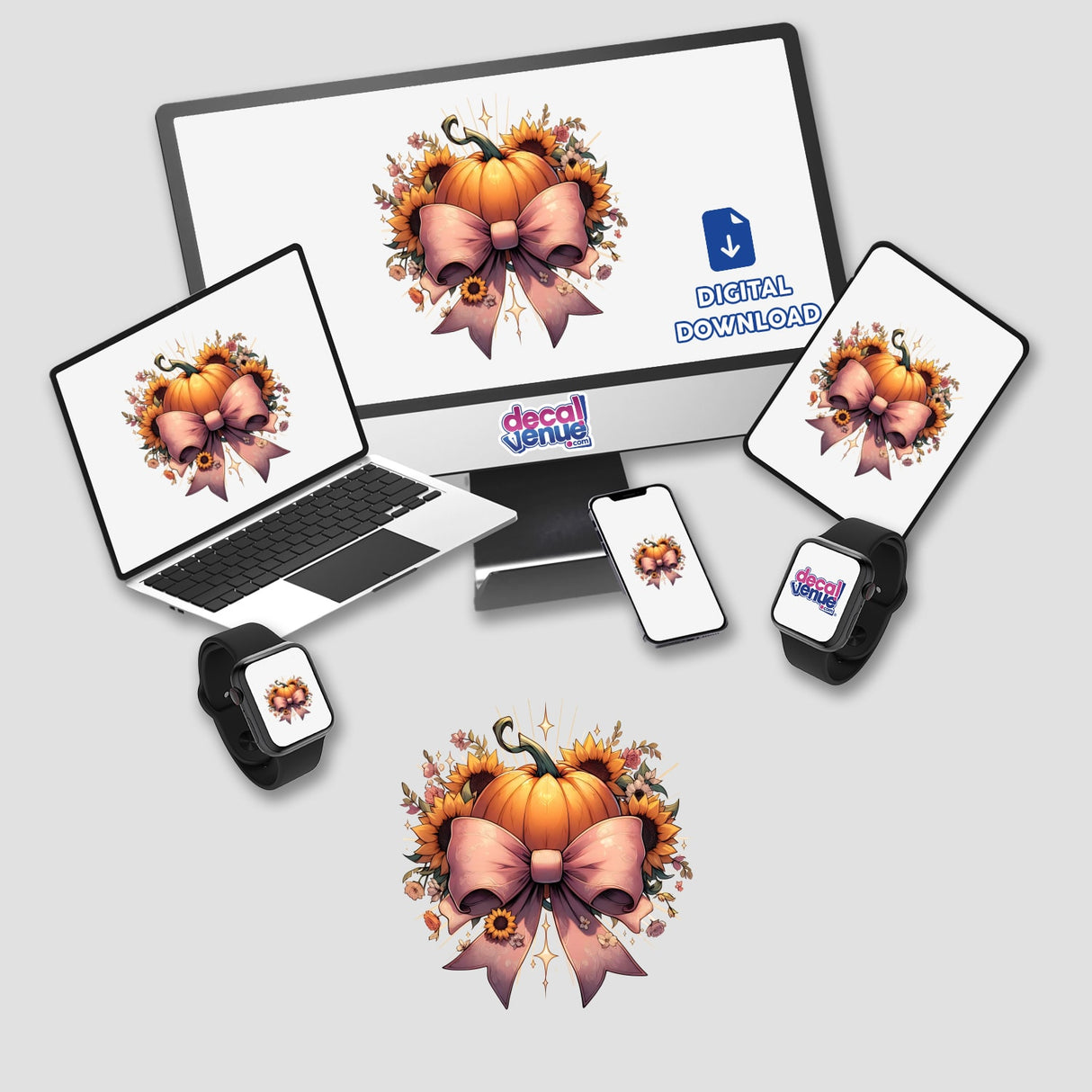 Fall Sunflowers Pumpkins and Coquette Bow digital artwork featuring a computer monitor, laptop, and various devices adorned with a bow, flowers, and pumpkins. Available as stickers or digital artwork.