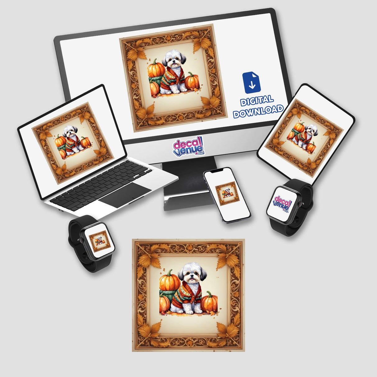 Adorable Fall Aesthetic Shichon Clipart – Stickers or Download with Commercial Rights, featuring a Shichon dog in a sweater with pumpkins, displayed on various digital devices.