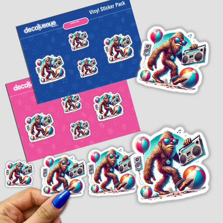 Summer Sasquatch Beach with Boombox - Colorful digital artwork stickers showcasing a Bigfoot figure enjoying a beach party with a boombox and balloons.
