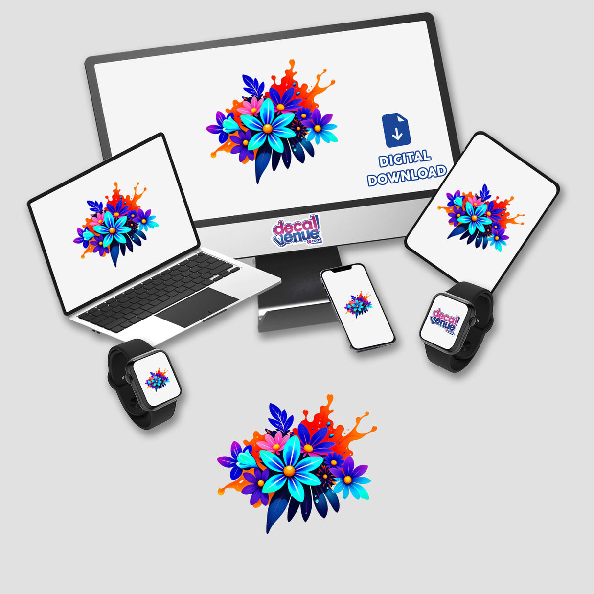 Colorful Spring Flowers displayed on a computer monitor and laptop screens, showcasing vibrant digital artwork, available as stickers or digital artwork from Decal Venue.