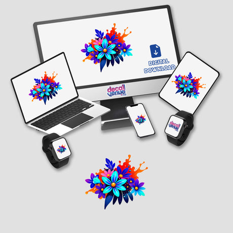 Colorful Spring Flowers displayed on a computer monitor and laptop screens, showcasing vibrant digital artwork, available as stickers or digital artwork from Decal Venue.