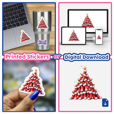 Collage featuring the Christmas Stocking Pyramid Tree as a sticker and digital artwork, displayed on a laptop and a silver cup, emphasizing unique holiday-themed designs.