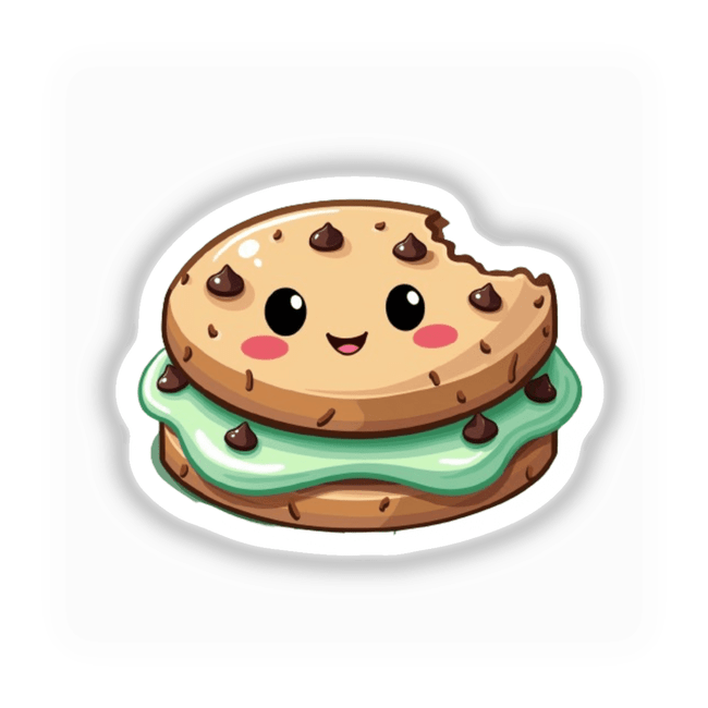 Kawaii Mint Cookie Sandwich Sticker featuring a cartoon cookie with a bite taken out of it, adorned with chocolate drops, embodying cute food art. Available as stickers or digital artwork.