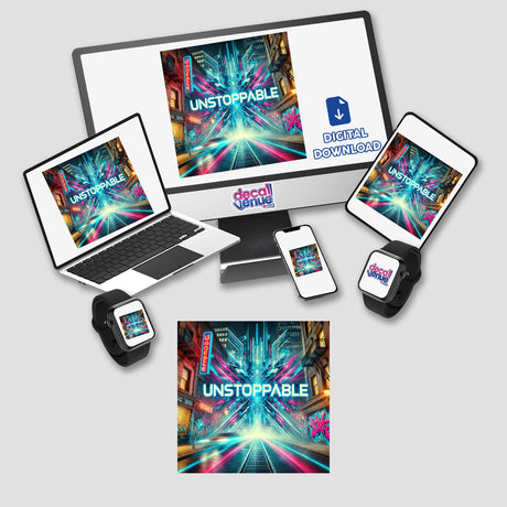 Unstoppable Cyberpunk Graffiti Sticker or Clipart showcases dynamic urban art with motivational elements, available as stickers or digital artwork, reflecting Decal Venue's unique vinyl and digital art offerings.