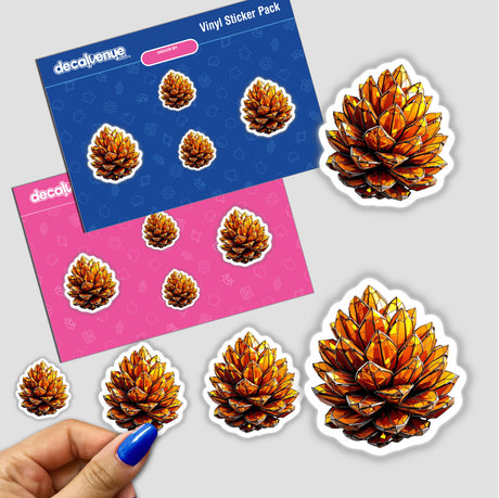 Pine cone Stained Glass Style stickers featuring intricate pine cone designs, available as stickers or digital artwork.