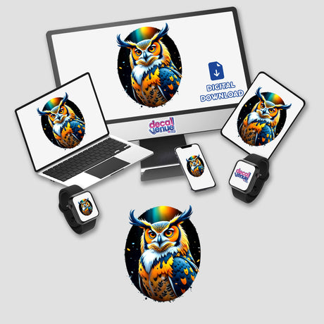 A Cool Hybrid Hawk Owl displayed on a computer monitor and laptop screen, available as unique vinyl stickers or digital artwork from Decal Venue, showcasing vibrant digital owl illustrations.