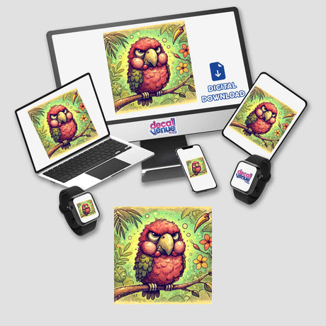 Computer monitor and laptop displaying Grumpy Parrot Perched in a Tropical Jungle cartoon, available as stickers or digital artwork.