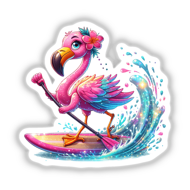 Colorful flamingo digital artwork of a flamingo paddle boarding on the water with splashing waves and floral accents.