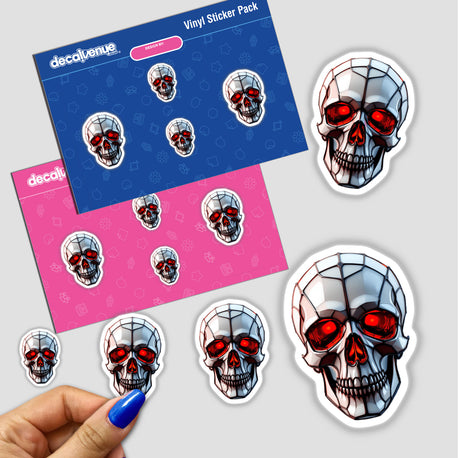Skull Stained Glass Style stickers featuring intricate skulls with red eyes, available as physical stickers or digital artwork, reflecting Decal Venue's unique design ethos.