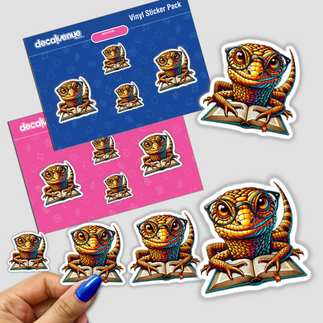 Skink Lizard With Reading Glasses Open Book stickers, featuring a cartoon lizard engrossed in a book, available as unique vinyl stickers or digital artwork from Decal Venue.
