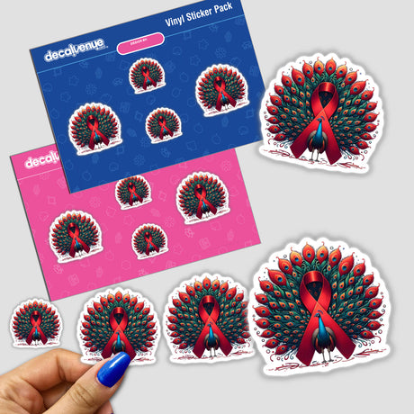 Peacock Red Ribbon AIDS Awareness sticker featuring a detailed peacock design adorned with a red ribbon, symbolizing support, available as a unique vinyl sticker or digital artwork from Decal Venue.
