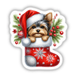 Yorkie Dog in Snowflake Christmas Stocking, featuring a cute dog nestled inside a festive stocking adorned with snowflakes, available as stickers or digital artwork from Decal Venue.
