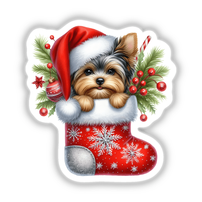 Yorkie Dog in Snowflake Christmas Stocking, featuring a cute dog nestled inside a festive stocking adorned with snowflakes, available as stickers or digital artwork from Decal Venue.