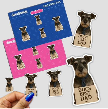 Dog’s Best Dad Schnauzer sticker featuring a dog wearing a tie and holding a sign, ideal for Father's Day. Available as unique vinyl stickers or digital artwork from Decal Venue.