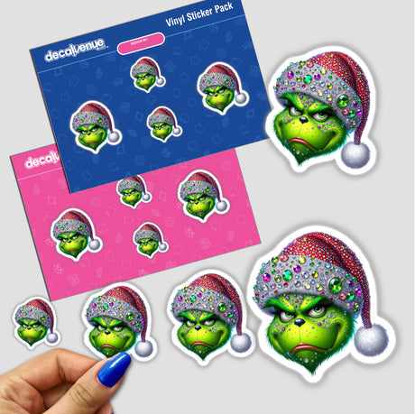 Green Grouch Christmas Face with Jeweled Santa Hat sticker, featuring a cartoon character with a green face and Santa hat, held in hand. Available as stickers or digital artwork.
