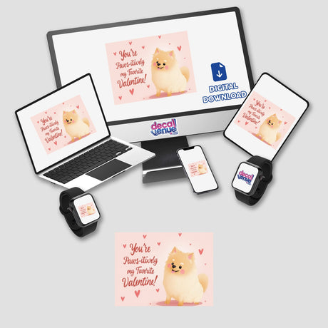Pomeranian Sticker and Clipart with Commercial Rights featuring a cute dog design, showcased on a laptop and monitor. Available as stickers or digital artwork for Valentine's Day.