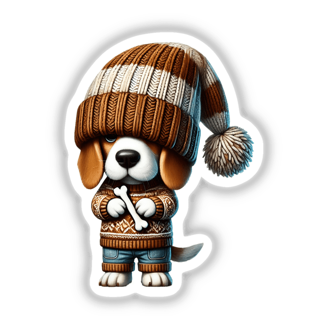 Cartoon Beagle Gnome wearing knitted hat and sweater, holding a dog bone. Available as stickers or digital artwork.