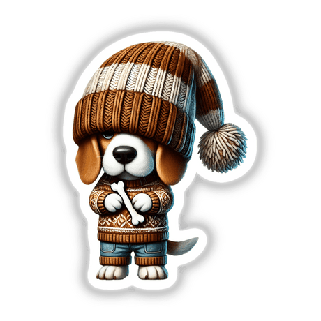 Cartoon Beagle Gnome wearing knitted hat and sweater, holding a dog bone. Available as stickers or digital artwork.