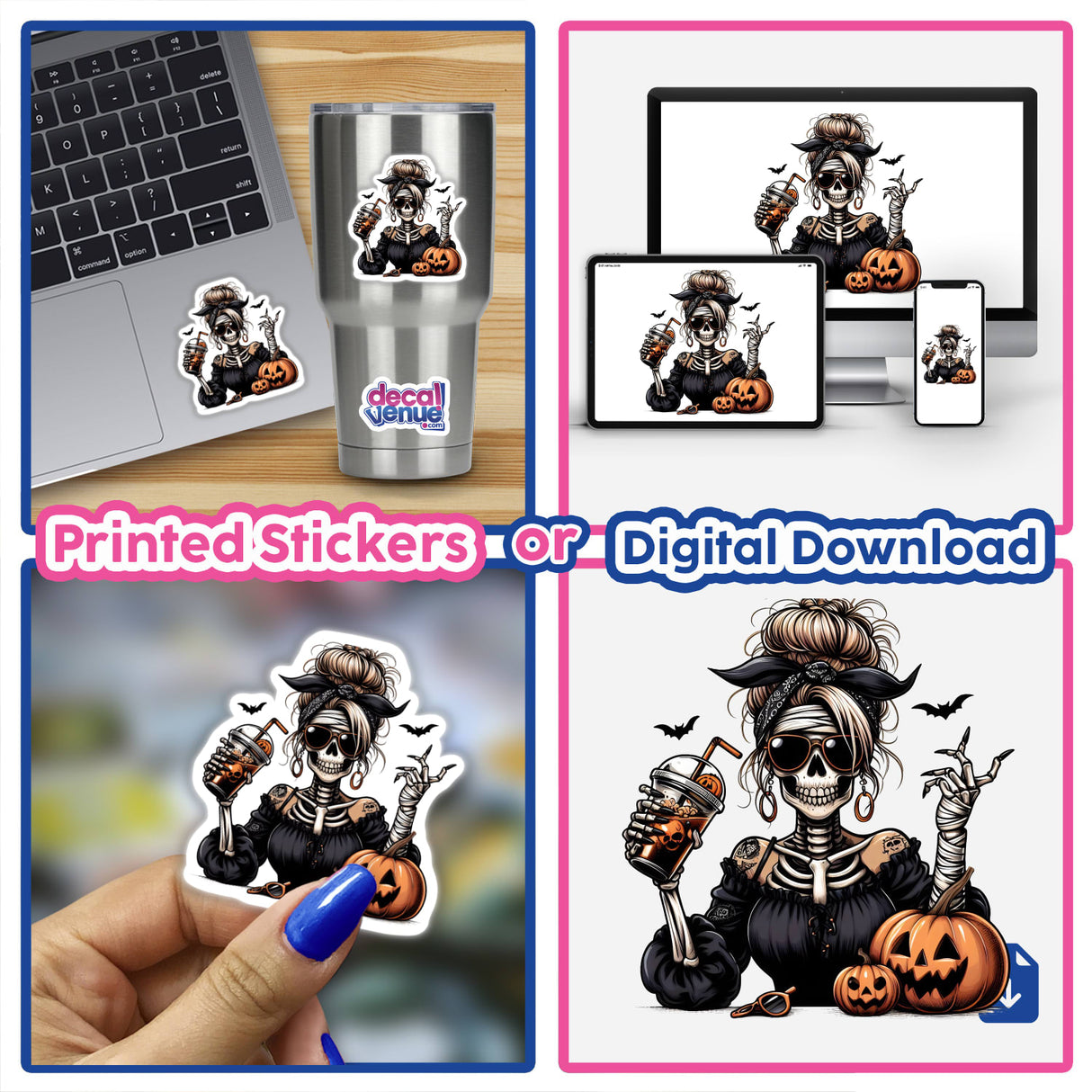 Spooky Halloween Mummy Skeleton Lady - Colorful digital artwork with a creepy and quirky character, featuring a female mummy skeleton holding pumpkins against a background of Halloween elements, ideal for stickers or digital downloads.