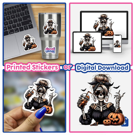 Spooky Halloween Mummy Skeleton Lady - Colorful digital artwork with a creepy and quirky character, featuring a female mummy skeleton holding pumpkins against a background of Halloween elements, ideal for stickers or digital downloads.