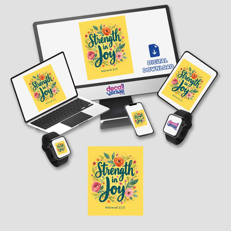 Strength in Joy Nehemiah 8:10 Sticker or Clipart featuring a vibrant design with yellow and pink flowers, suitable as a decorative element or for digital use with commercial rights.
