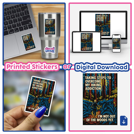 Hiking Addiction Journey Sticker or Clipart: A hiker with a bun under sunbeams amidst dotted trees, featuring humorous text about overcoming a hiking addiction. Available in various sizes, durable vinyl.