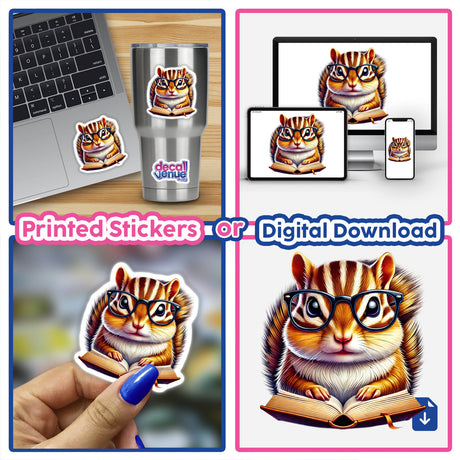 Chipmunk in Reading Glasses Open Book sticker displayed on a laptop, featuring a cartoon chipmunk wearing glasses and holding an open book, available as stickers or digital artwork.