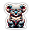 Koala Bear With Reading Glasses Open Book: An illustration of a koala wearing glasses, engrossed in a book, offered as stickers or digital artwork.