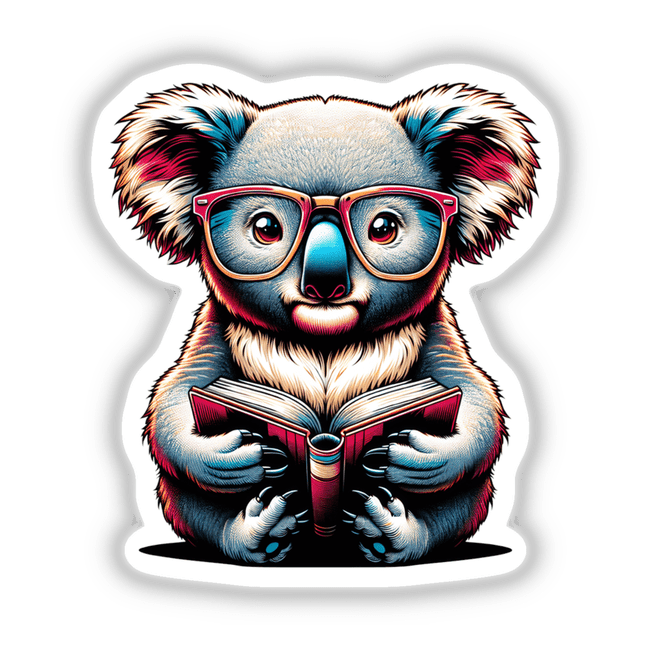Koala Bear With Reading Glasses Open Book: An illustration of a koala wearing glasses, engrossed in a book, offered as stickers or digital artwork.