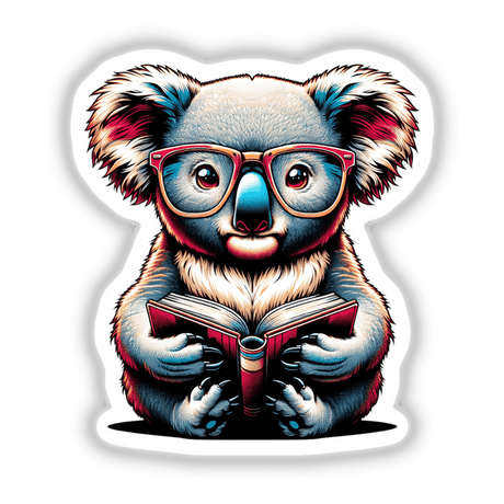 Koala Bear With Reading Glasses Open Book: An illustration of a koala wearing glasses, engrossed in a book, offered as stickers or digital artwork.