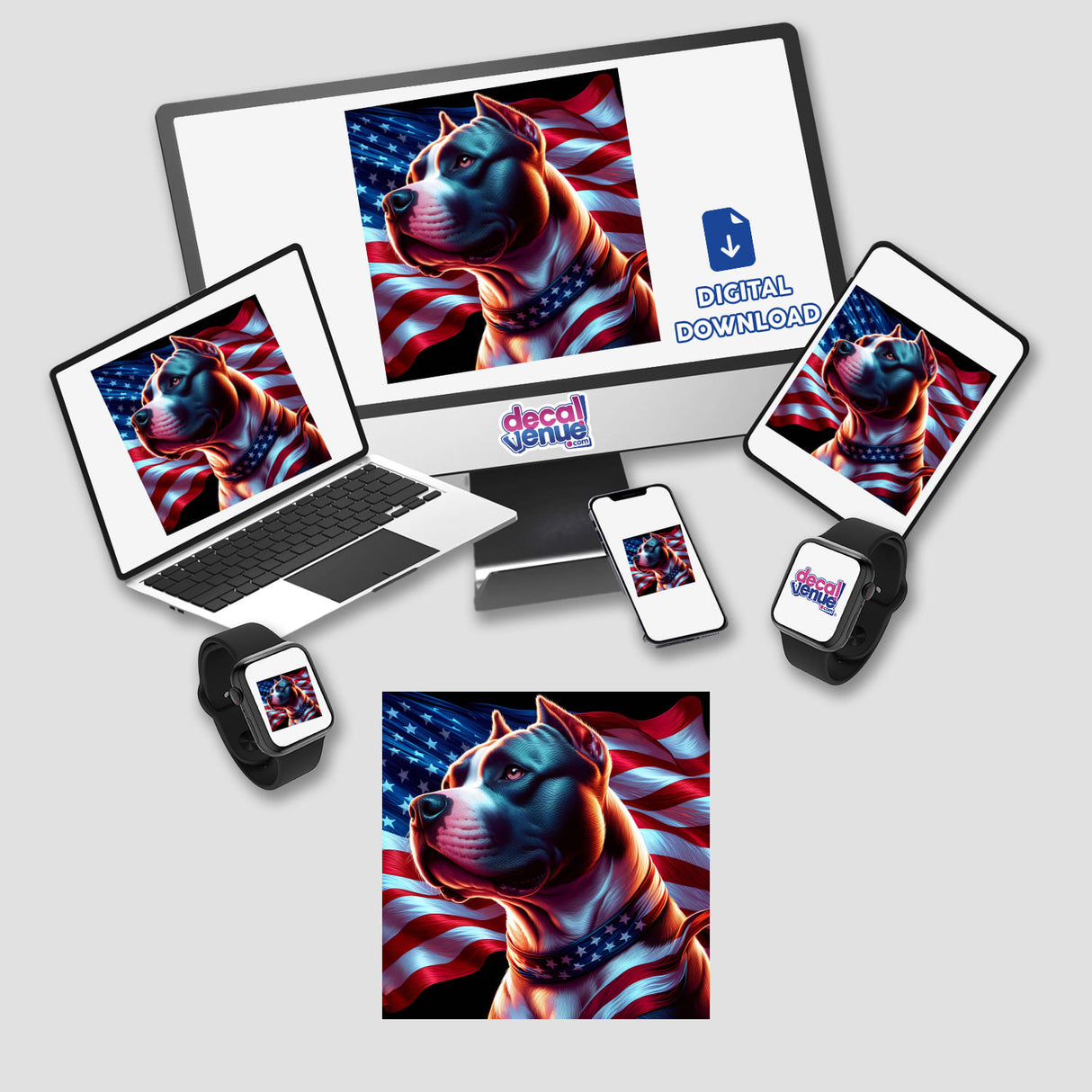 Patriotic Pitbull Freedom Dog - Digital Artwork displayed on various devices from the Decal Venue online store, featuring an American flag-themed Pitbull design.