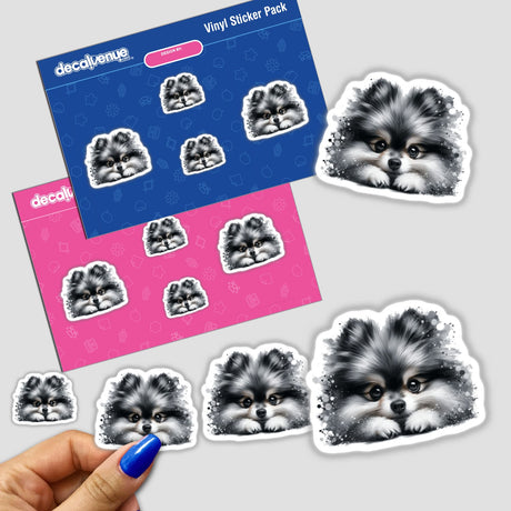 Peeking Sable Wolf Pomeranian Splatter sticker featuring a close-up of a dog's face, ideal as a unique vinyl sticker or digital artwork from Decal Venue.