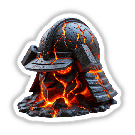 Molten Lava Samurai Helmet: A detailed depiction of a warrior's helmet adorned with fiery lava elements, available as unique stickers or digital artwork from Decal Venue.