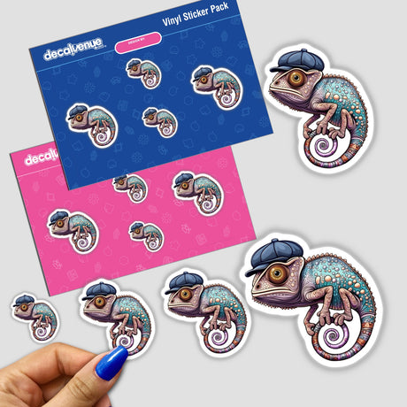 a hand holding a sticker with a chamelon on it