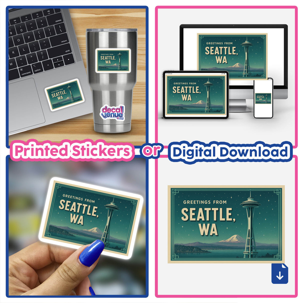 Greetings from Seattle postcard sticker or clipart featuring vintage Space Needle art. Available as stickers or digital artwork with commercial rights, reflecting Decal Venue's unique vinyl and digital art offerings.