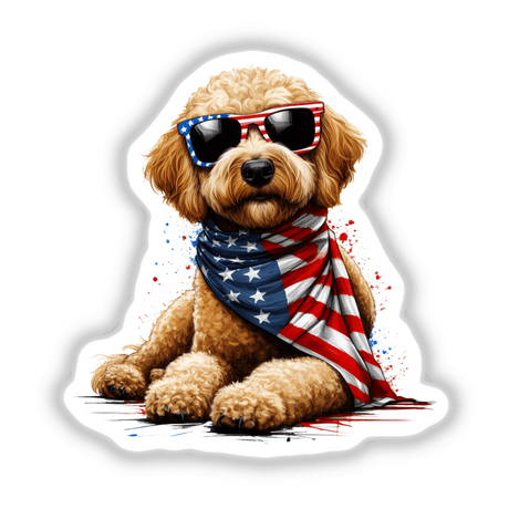 Sassy American Flag Goldendoodle II features a close-up of a Goldendoodle wearing stylish sunglasses, available as unique stickers or digital artwork from Decal Venue.