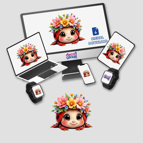 Adorable Ladybug with a Spring Flower Crown depicted on a laptop and monitor, showcasing its charming design for stickers or digital artwork, ideal for adding whimsy and charm to your space.