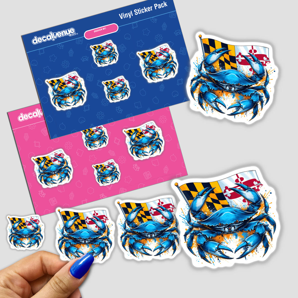 Vibrant blue crab stickers with Maryland state flag design, featuring dynamic artwork with patterned backgrounds, displayed on a Decal Venue product pack.