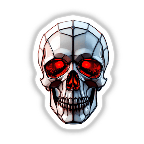Skull Stained Glass Style artwork featuring a metal skull with red eyes, perfect for stickers or digital art enthusiasts.
