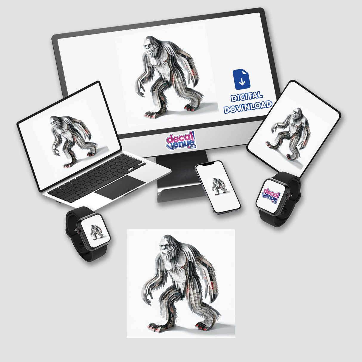 Sasquatch Newspaper Art: A computer monitor and laptop displaying a cartoon yeti, with a smartwatch showing a gorilla. Available as stickers or digital artwork from Decal Venue.
