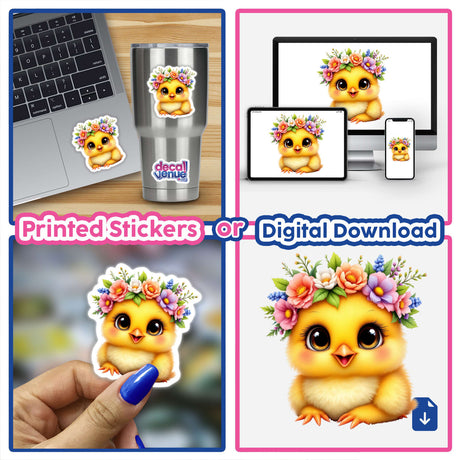 Baby Chick Wearing a Blooming Floral Crown featured as a vibrant sticker and digital art piece, showcasing a cute yellow chick adorned with a colorful floral crown. Perfect for nurseries.