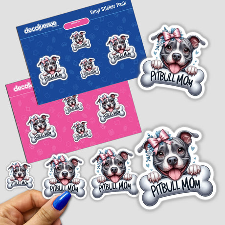 Gray Peeking Pitbull Mom Dog Bone - Vibrant digital artwork stickers featuring a pitbull dog's adorable face and paw, showcased on a Decal Venue product display.