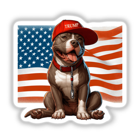 Patriotic American pitbull dog wearing "Trump" cap against American flag backdrop