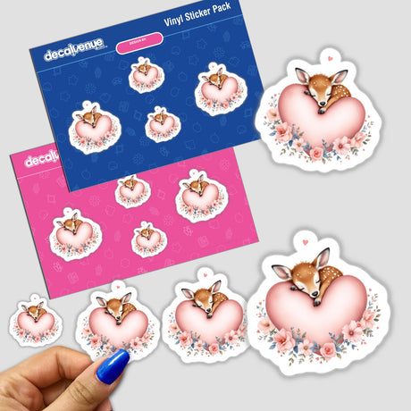 Sleeping Deer on a Heart sticker, featuring a cartoon baby deer peacefully resting on a heart, capturing serene beauty and whimsy, ideal for enhancing personal items with gentle elegance.
