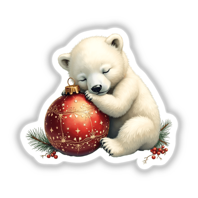 Polar Bear Sleeping on Christmas Ornament: A charming depiction of a white bear hugging a red ornament, available as unique stickers or digital artwork from Decal Venue.