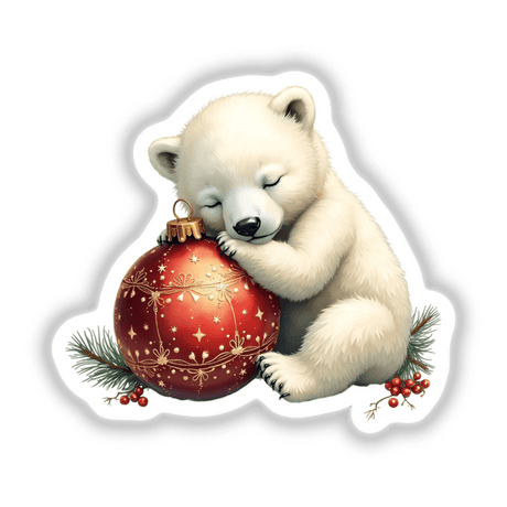 Polar Bear Sleeping on Christmas Ornament: A charming depiction of a white bear hugging a red ornament, available as unique stickers or digital artwork from Decal Venue.