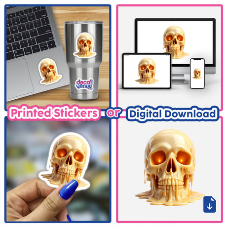 Skull Dripping Candle Wax sticker collage, showcasing skulls with melted effects on items like a laptop and cup, reflecting Decal Venue's unique sticker and digital art collection.